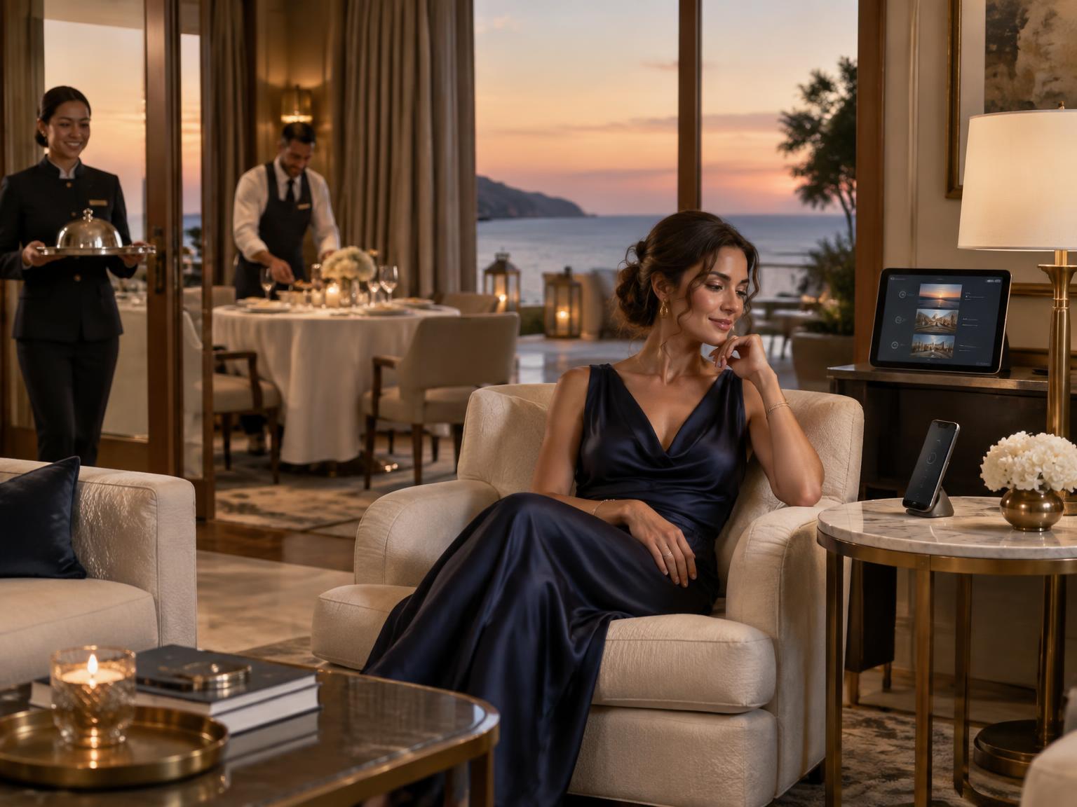 A member relaxing while her AI concierge coordinates a private dining evening