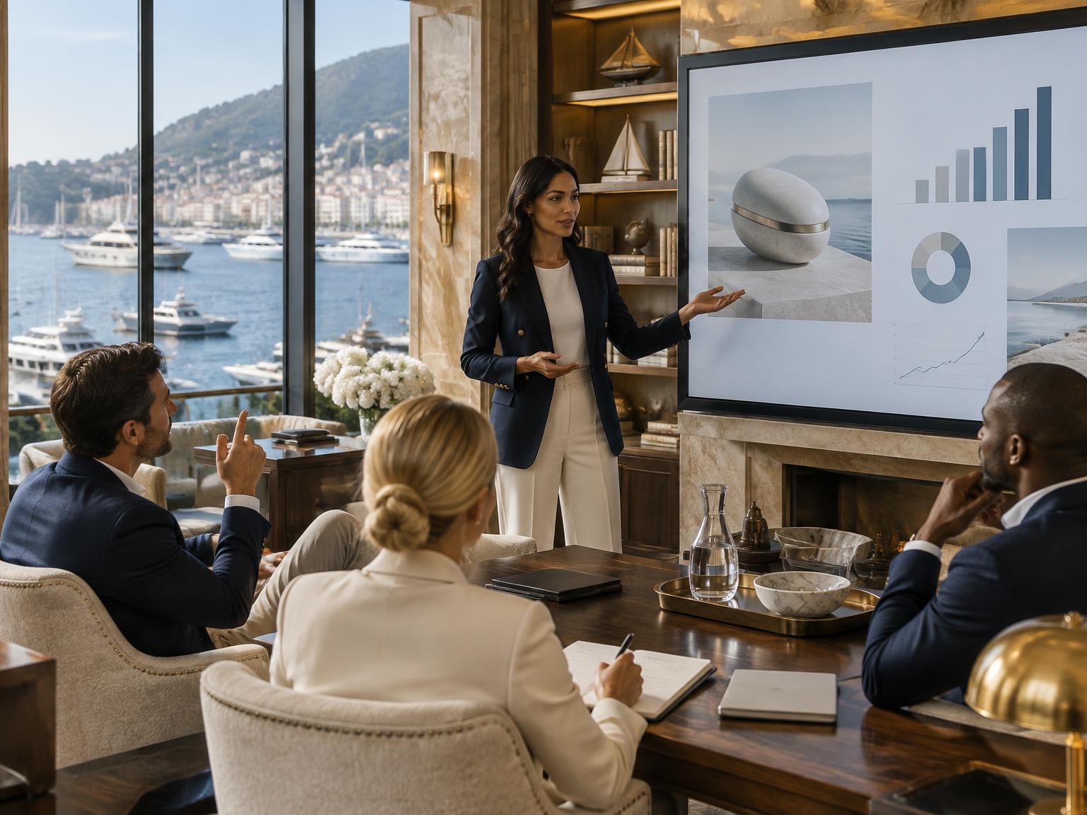 A founder presenting a new venture in a coastal members club