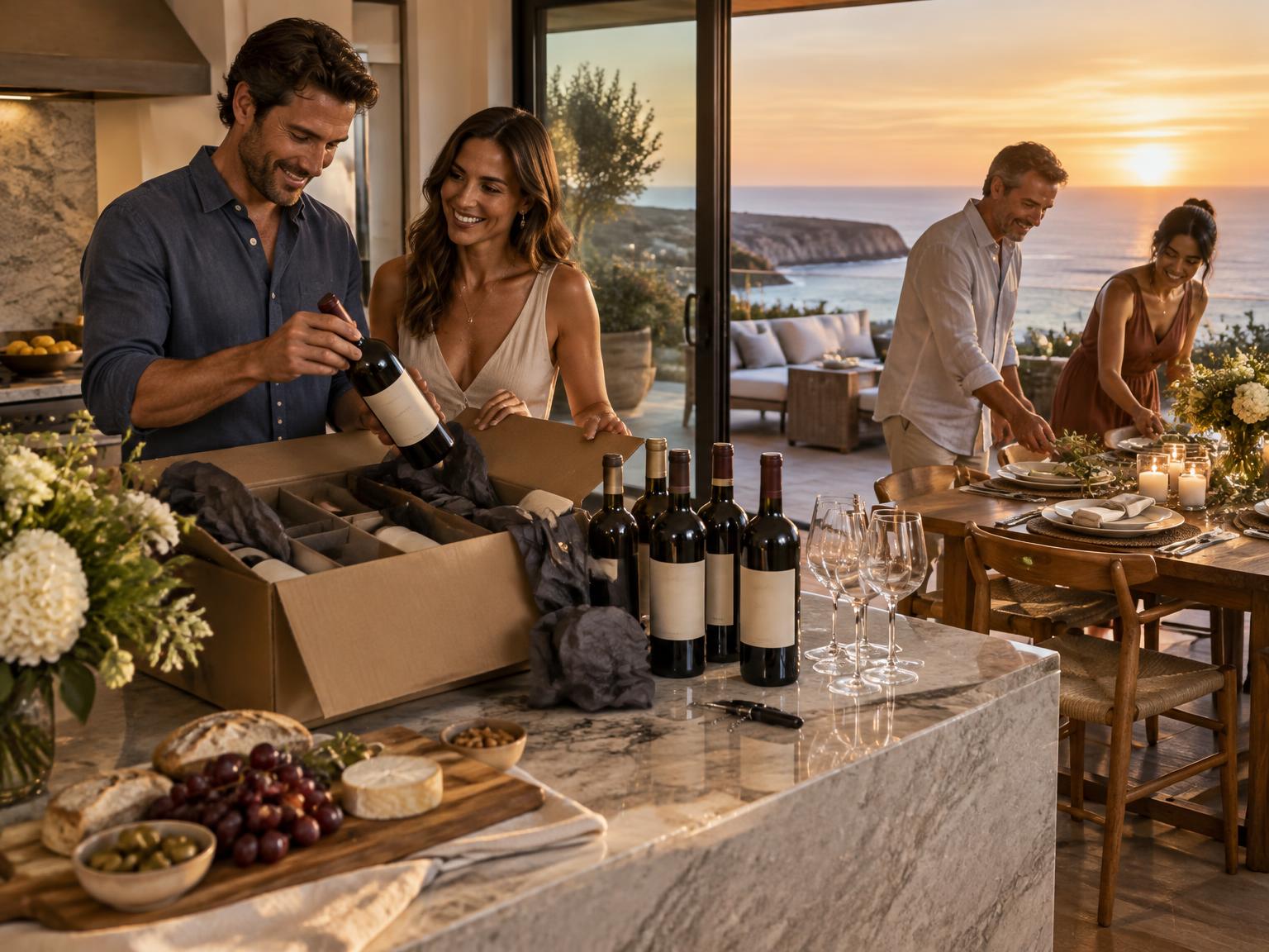 Friends opening an estate reserve wine delivery for a coastal dinner