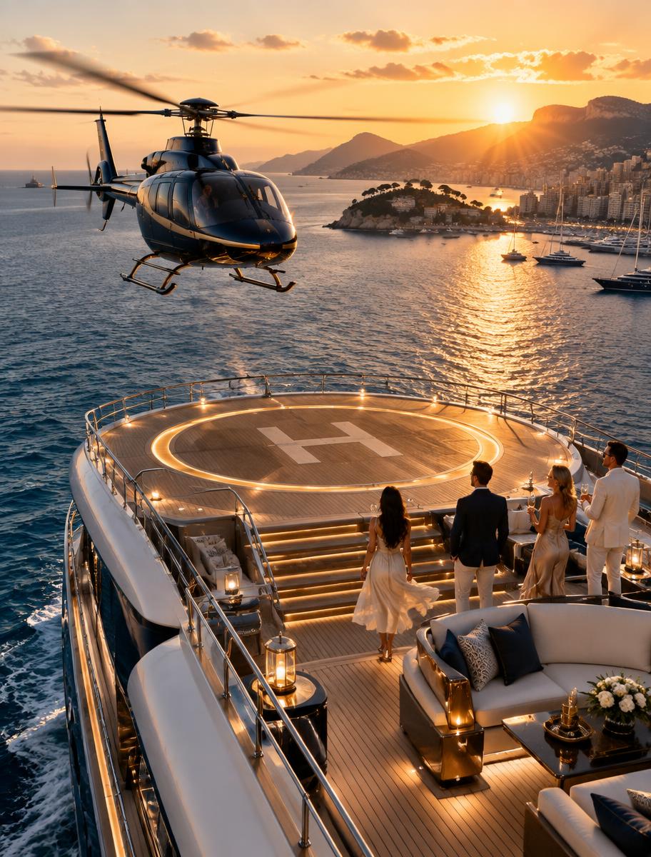 A helicopter approaching a yacht landing pad at sunset