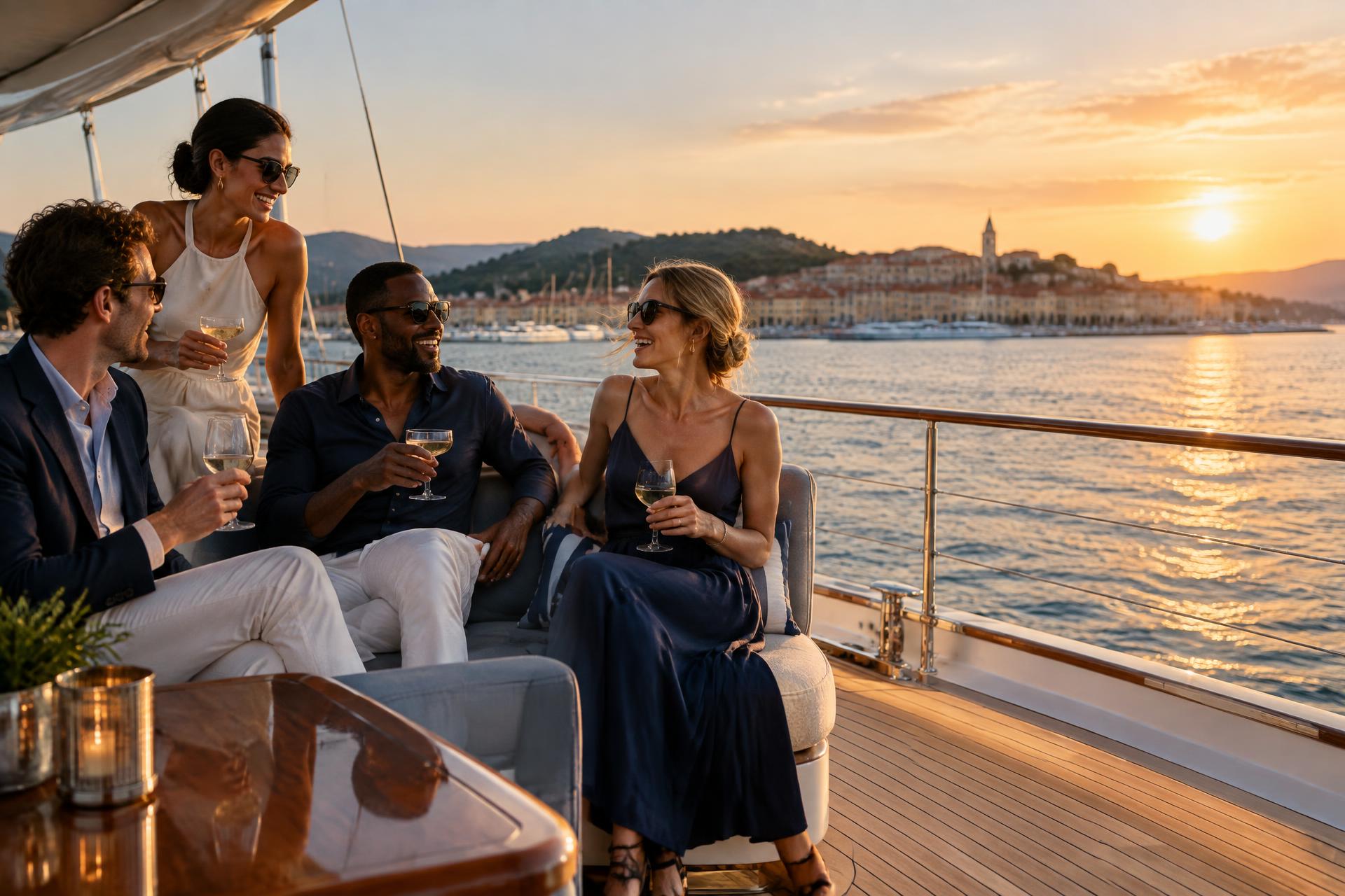 Friends sharing sunset drinks on a yacht overlooking a coastal town