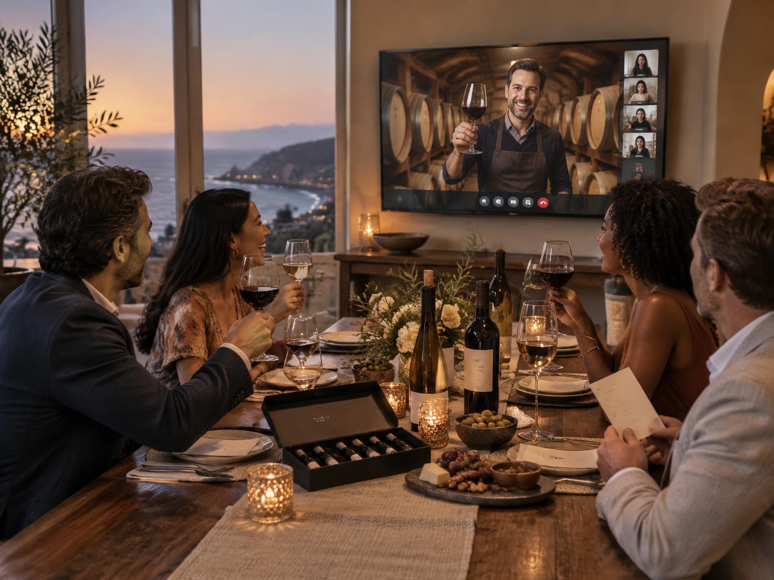 Friends joining a winery host for a live virtual tasting from a coastal home