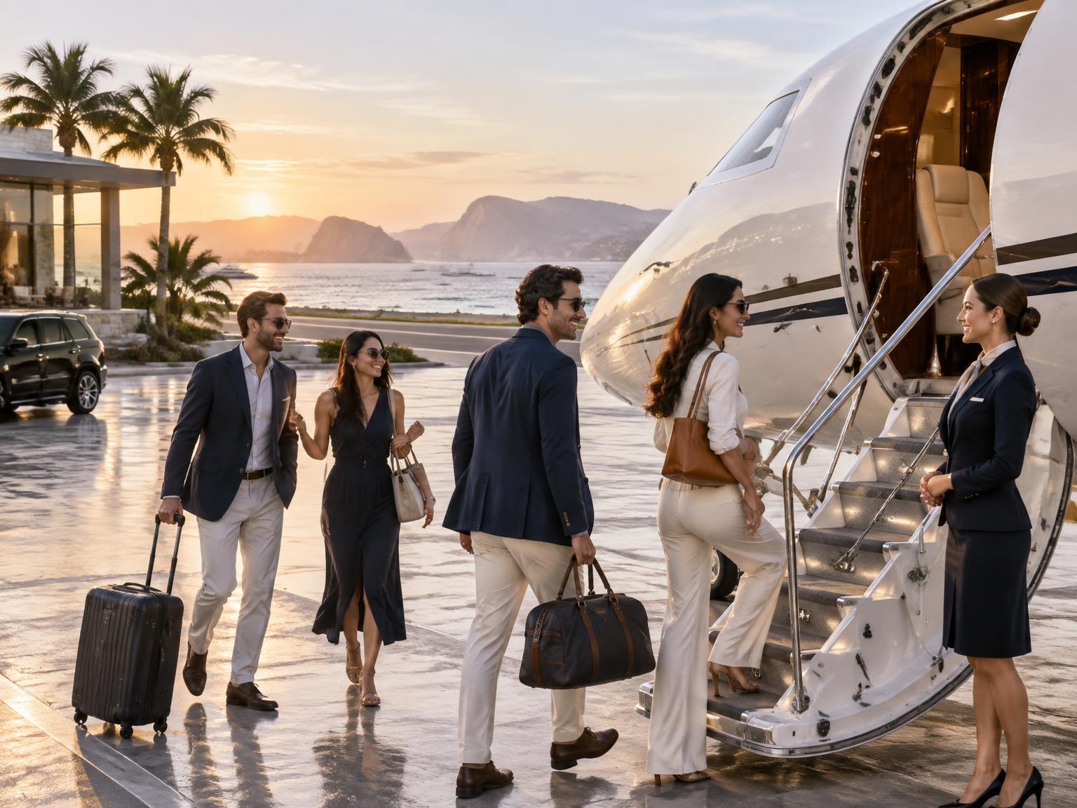 Friends boarding a private jet at a coastal airport
