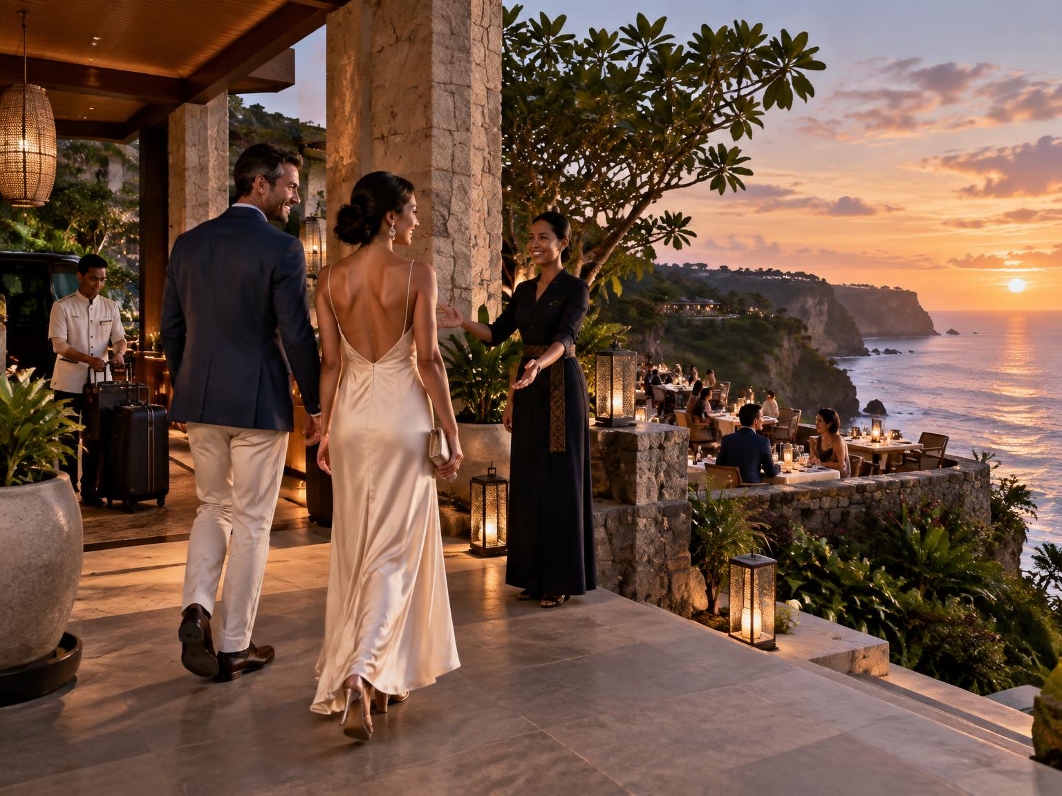 A couple arriving for an oceanfront resort stay and dinner