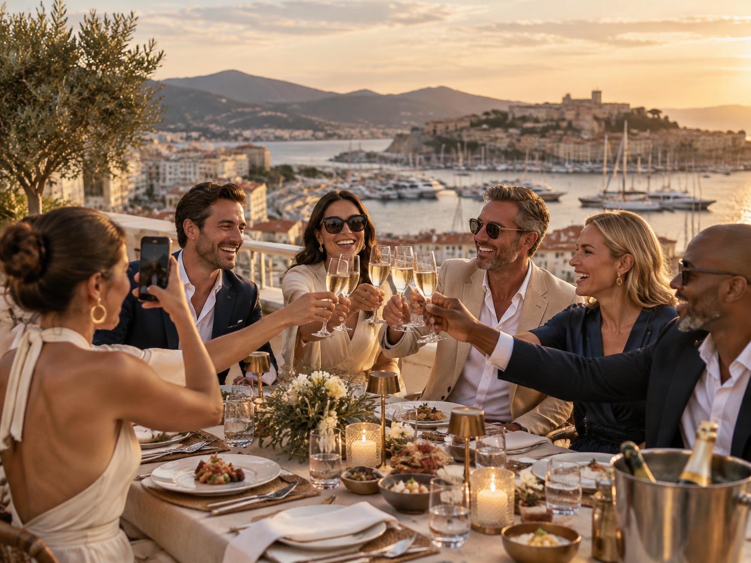 Friends sharing a rooftop dinner and capturing the moment above a coastal marina